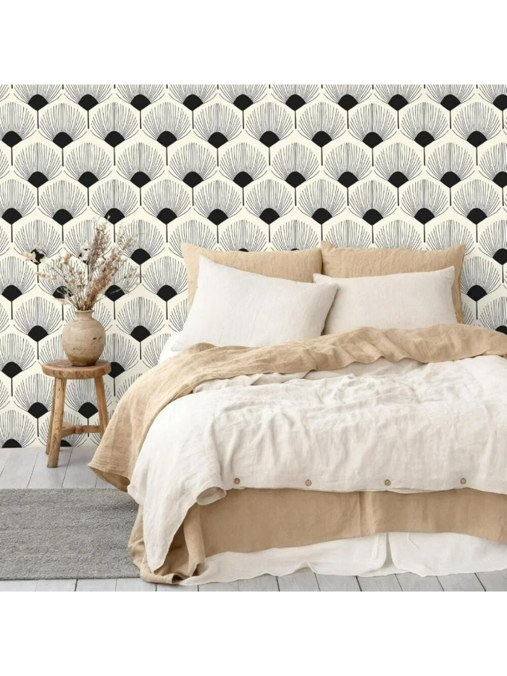 Modern Beige & Black Geometric Peel and Stick Wallpaper | Boho Art Deco Accent